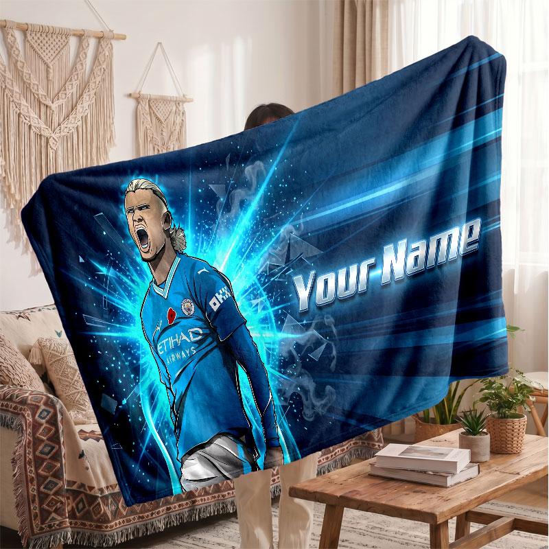 Erling Haaland Personalized Fleece Blanket With Football Logo, Custom Name Text Soft Warm Home Throw Blanket