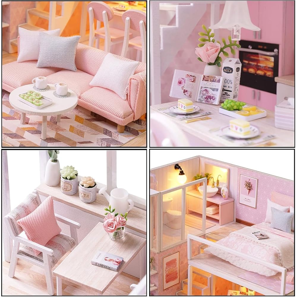 CUTRROOM DIY Miniature Wooden Dollhouse Kit 1:24 Scale with Furniture, Music Box, Dust Cover, LED Light