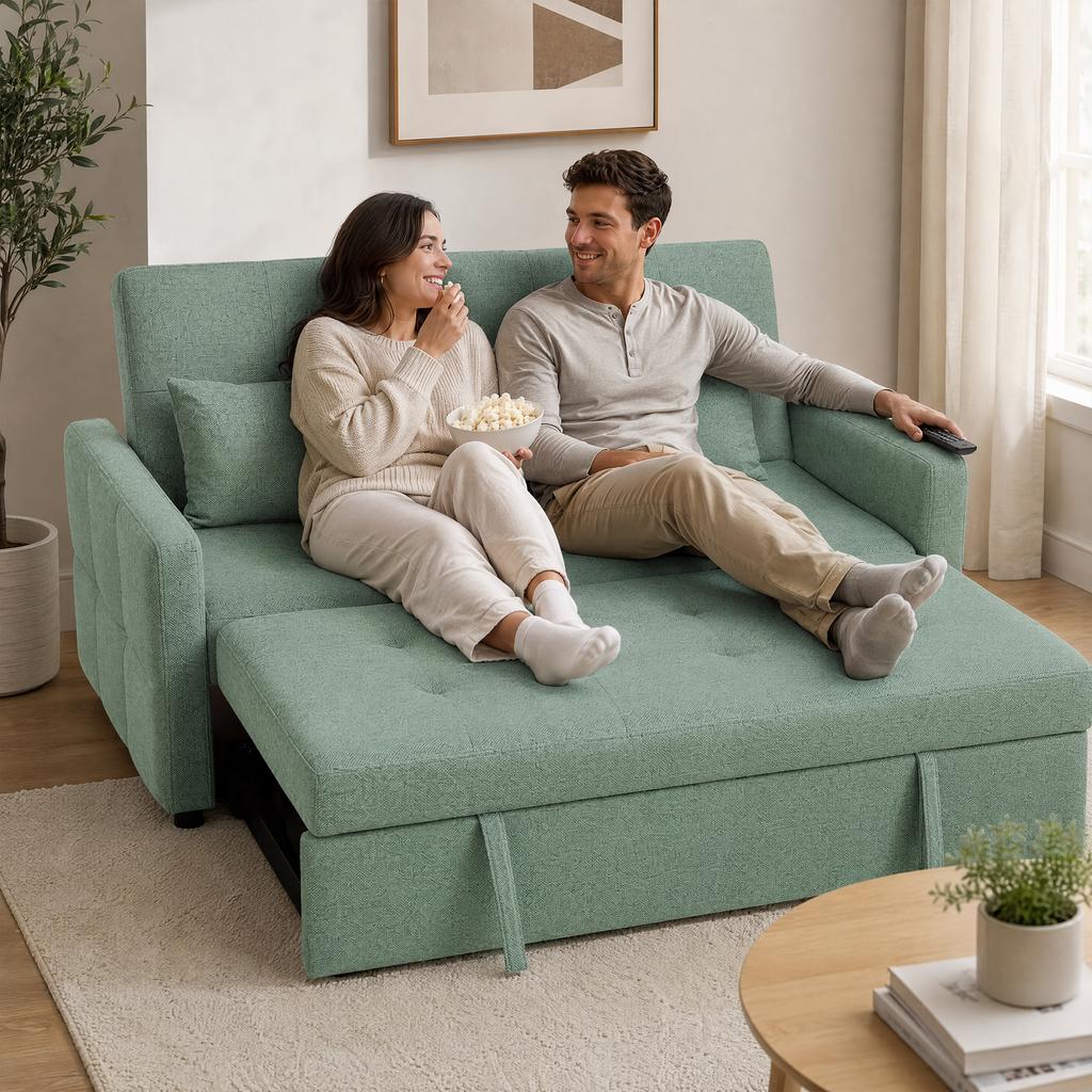 Convertible Sofa, 2-Seater, 3-in-1 Click-Clack Bed, 160 Cm, Adjustable Backrest, 2 Pillows, Green