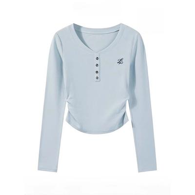 Milk Blue Shirt Women's Bow Embroidered Bottoming Shirt Early Spring Card Waist Pinch Pleated Long Sleeve Inside Chic Top