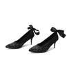 FOREADA Women Pumps Pointed Toe Thin High Heels Crystal Bow Glove Shoes Ladies Fashion Shoes Spring Autumn Red Black Green 43
