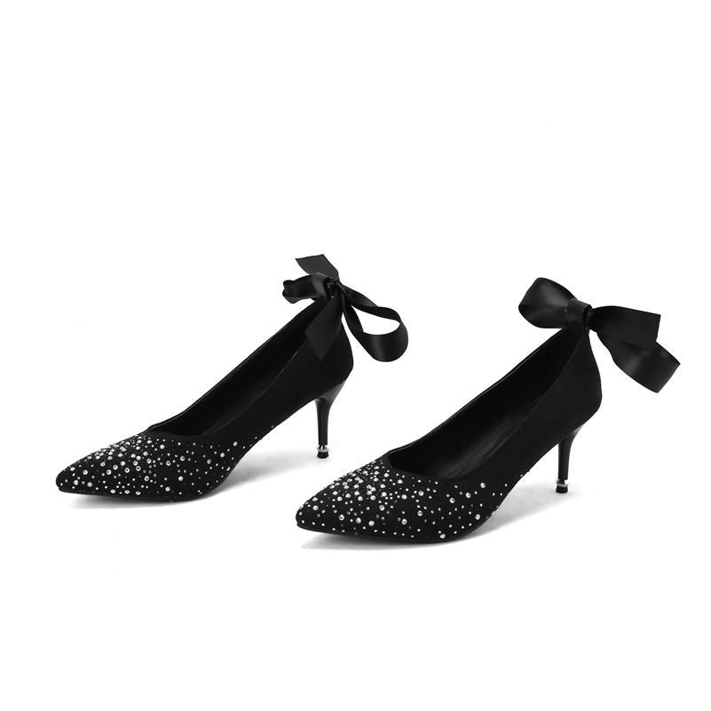 FOREADA Women Pumps Pointed Toe Thin High Heels Crystal Bow Glove Shoes Ladies Fashion Shoes Spring Autumn Red Black Green 43