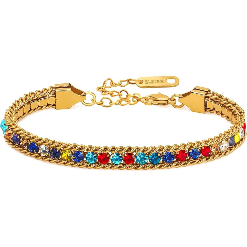 Golden Plated Stainless Steel Tennis Bracelet for Women, Colorful Cubic Zirconia 0.6cm Wide Elegant Jewelry for Mom Wife
