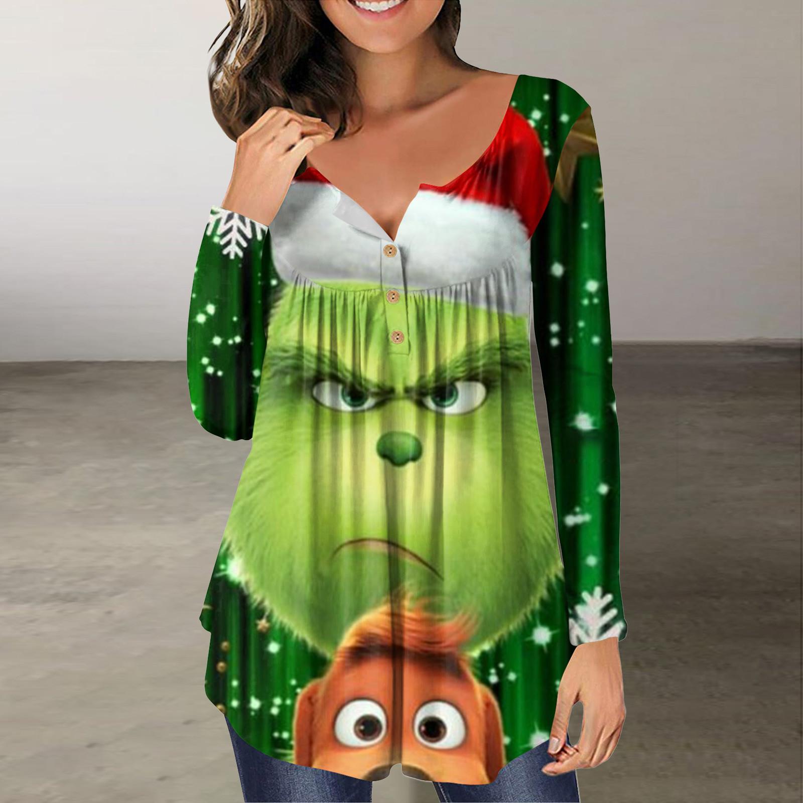 

Женская мода Рождественский принт на пуговицах с v-образным вырезом и длинным рукавом Повседневный топ L зелёный