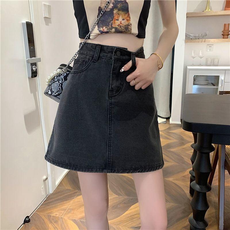 Classic Versatile Youthful Black and Gray High-waisted Bustier Skirt Versatile Skinny Package Hip A-line Ladies Summer Fashion Denim Short Skirt