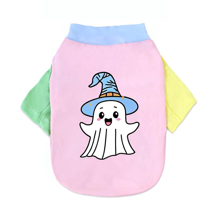 Halloween Cute Ghost Print Pet T‑Shirt Cats & Dogs Soft Cotton Clothes Outfit For Bichon French Bulldog Holiday Party Costume