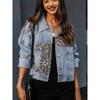 Women's Denim Jacket with Leopard Print - Long Sleeve, Autumn/Winter European and American Style