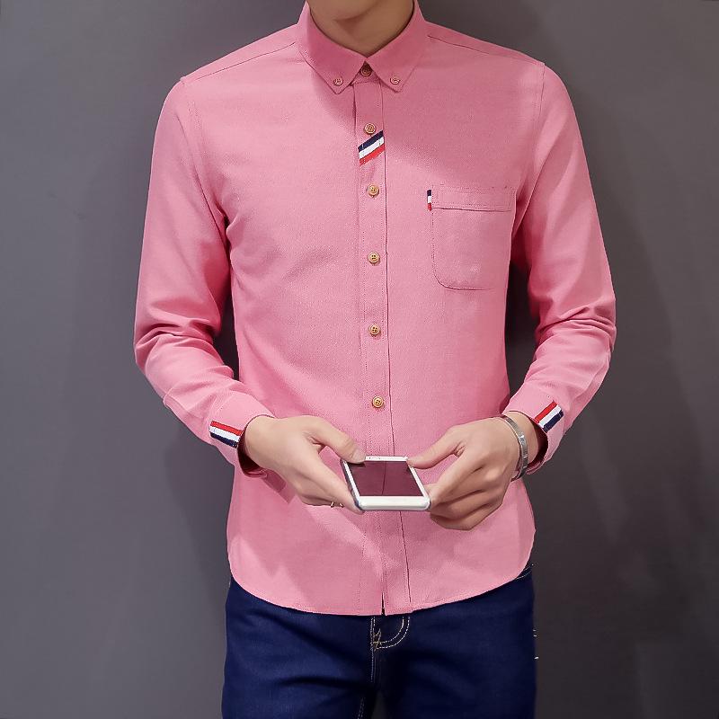 Men's Oxford Spinning Long Sleeve Shirt Teen Korean Slim-Fit Casual No-Iron Shirt