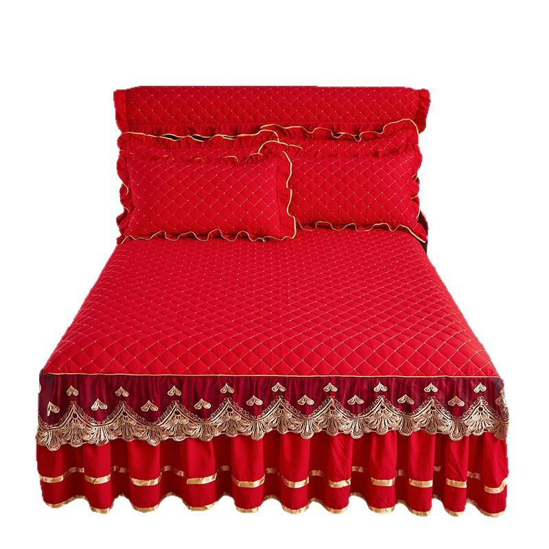 European solid color washed padded bed skirt four-piece set lace lace princess wind bed cover non-slip fixed Nordic