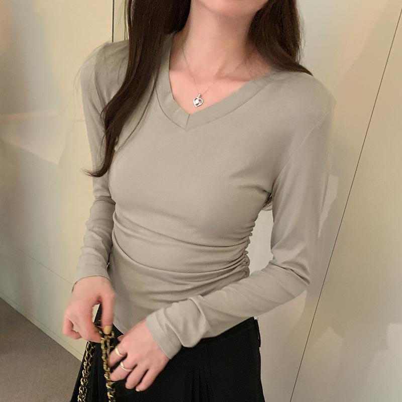 Designt V-Ausschnitt Schlüsselbein Enthüllt Plissierte Taille Langarm T-Shirt Damen Herbst Neu Einfarbig Basic-Shirt Top