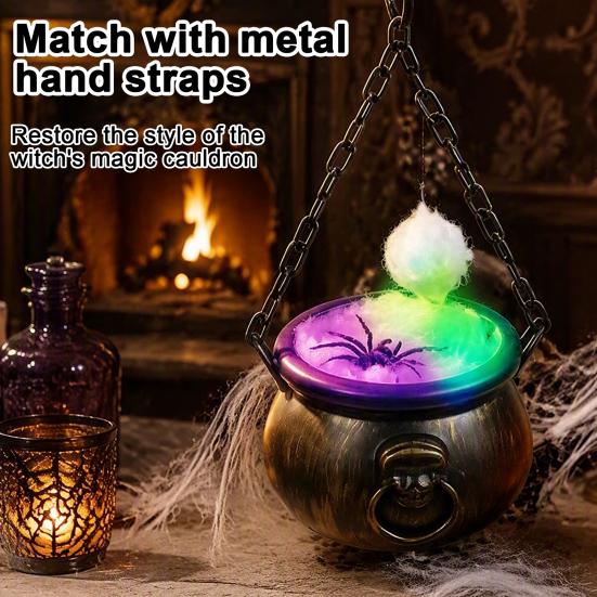Portable Magic Pot Halloween Cauldron Decoration, Spooky Large Witch with Colorful LED Light, Black Plastic Candy Bowl for Trick or Treat, Party Decor