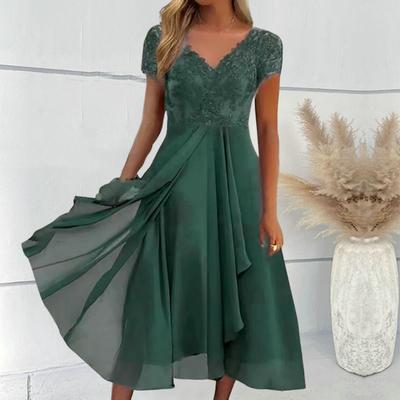 Damen V-Ausschnitt Blumenspitze Chiffonkleid Kurzarm Brautjungfer Formell Langes Kleid Fließendes A-Linien Abschlussball Cocktailparty Kleid