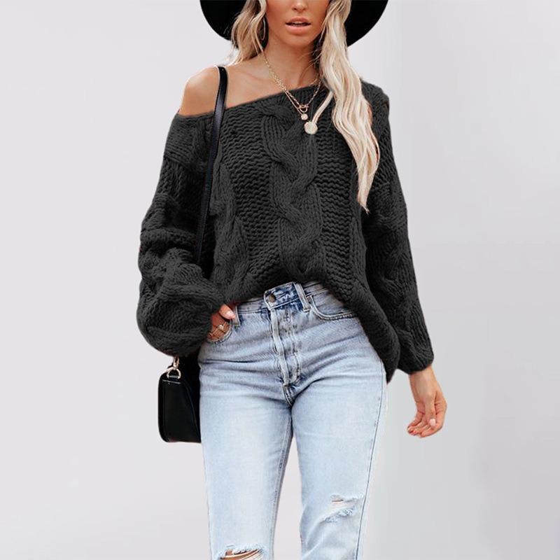Autumn and Winter New Street Style One-word Collar Twist Pullover Loose Large Size Sweater Women