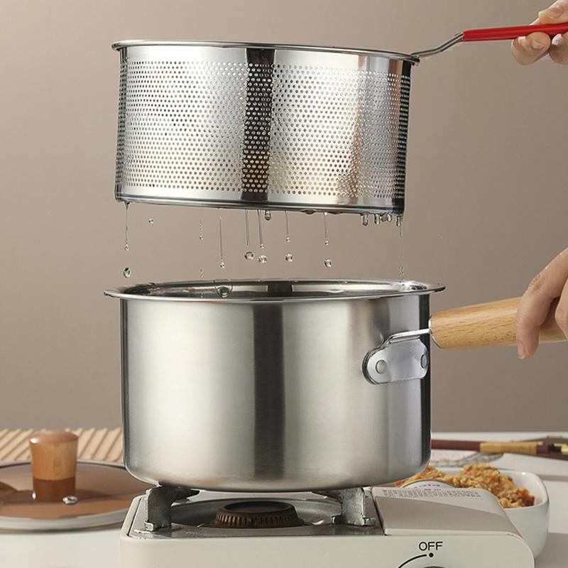Professional Kitchen Fryers Set with Lid Strainer Basket and Cooking Tongs Wood Handle for Heat Protections Home Use