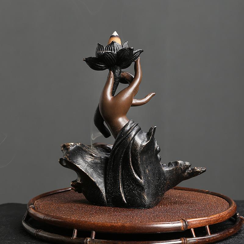 1pc MiniDeal Handmade Resin Backflow Incense Burner - for Lotus Buddha Hand Waterfall Design, for Relaxation,Handmade Design