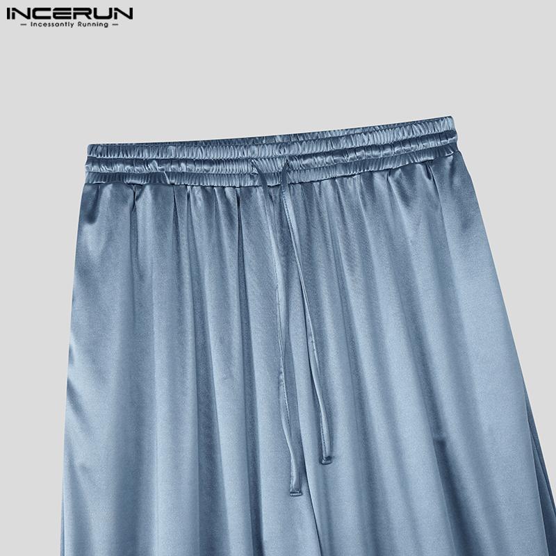 INCERUN Men's Elastic Waist Smooth Shiny Long Wide Legs Pants Trousers and White Semi-Sheer