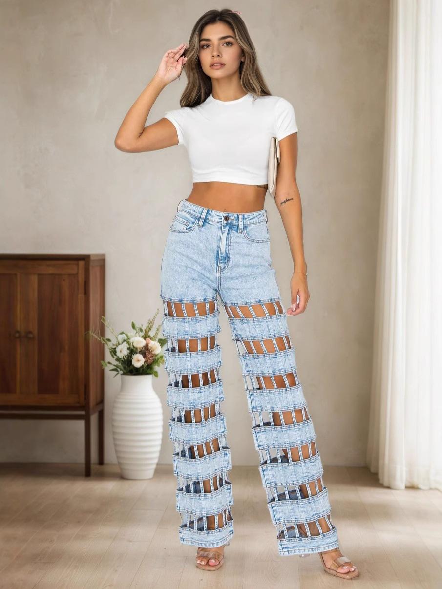 Women s High Waist Straight Jeans Regular Fit Street Trend Hollow Ripped Summer Women Denim Trousers S