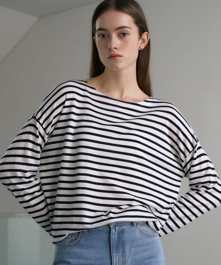 JE NE SAIS QUOI Silk Tencel Stripe Pullover_Off-White/Navy