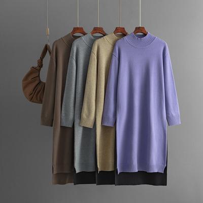 Lässiges Rippstrickkleid für Damen, langärmlig, Rollkragen, lockere Passform, Seitenschlitz, Herbstpulloverkleider, solides, übergroßes Midikleid aus Strick für Damen