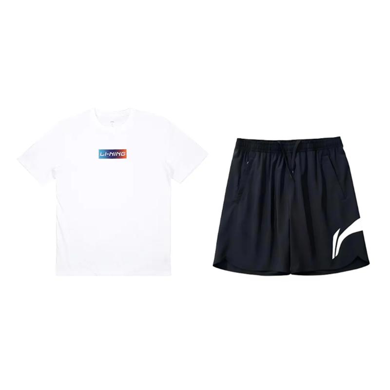Li-Ning Gradient Logo Print Fashion Loose Versatile Round Neck Short Sleeve T-Shirt Casual Sports Set Unisex Tops YHST171-1+YKSV197-2