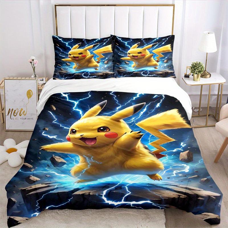 3pcs Pikachu Lightning Themed Quilt Set - Soft and Comfortable Bedroom, Guest Room and Dorm Decor Bedding Set 1 Quilt Cover + 2 Pillowcases.