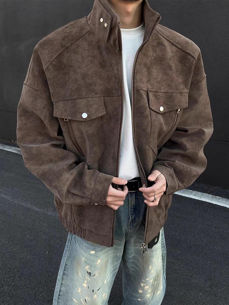 SWAMP AREA Matte Velvety PU Leather Men's Retro American Workwear Jacket - Autumn/Winter Style