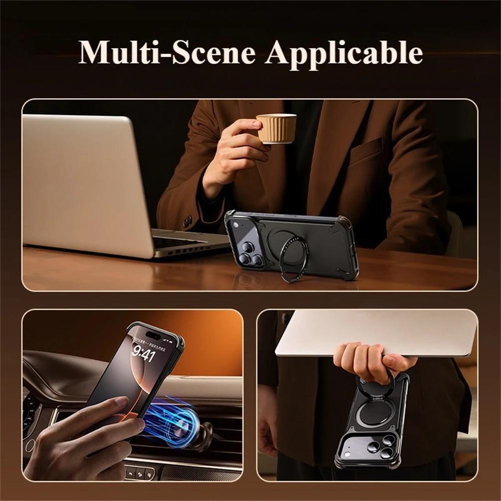 Luxury Genuine Leather for Magsafe Magnetic Wireless Charge Case for iPhone 17 16 15 14 13 Pro Max 360° Rotatable Ring Stand Shockproof Cover