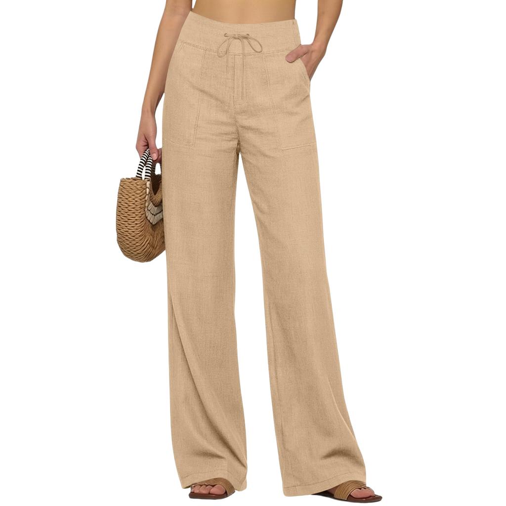 Women’s Wide Leg Linen Pants with Drawstring Waistband Loose Fit Casual Trousers with Pockets for Everyday Wear