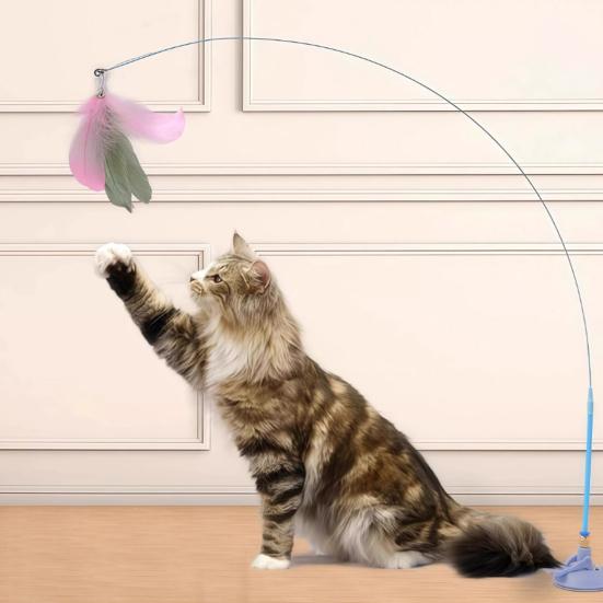 Cat Tease Toy with Suction Cup Interactive Cat Toy Press Lock Sticks on Floors Cat Wand Toy Flexible Steel Wire Cat Feather Toy