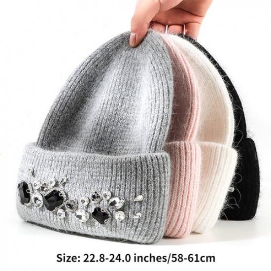 Women Rhinestone Knitted Hat Warm Ski Beanie Cap Crystal Beads Decor Winter Hat
