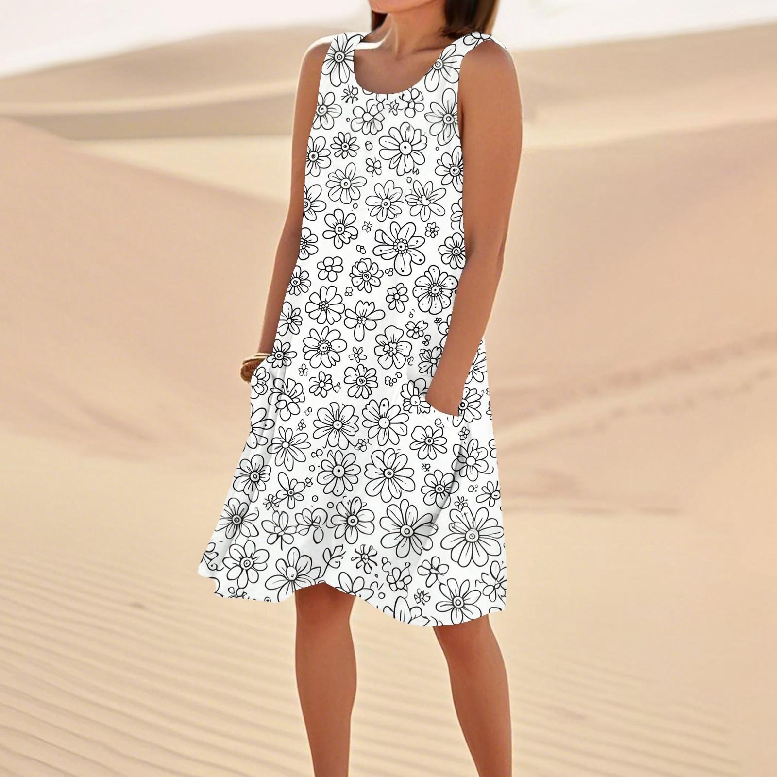 

Print Dresses For Women Loose Beach Vacation Casual Sleeveless Sundresses With Pockets Tank Dress M білий