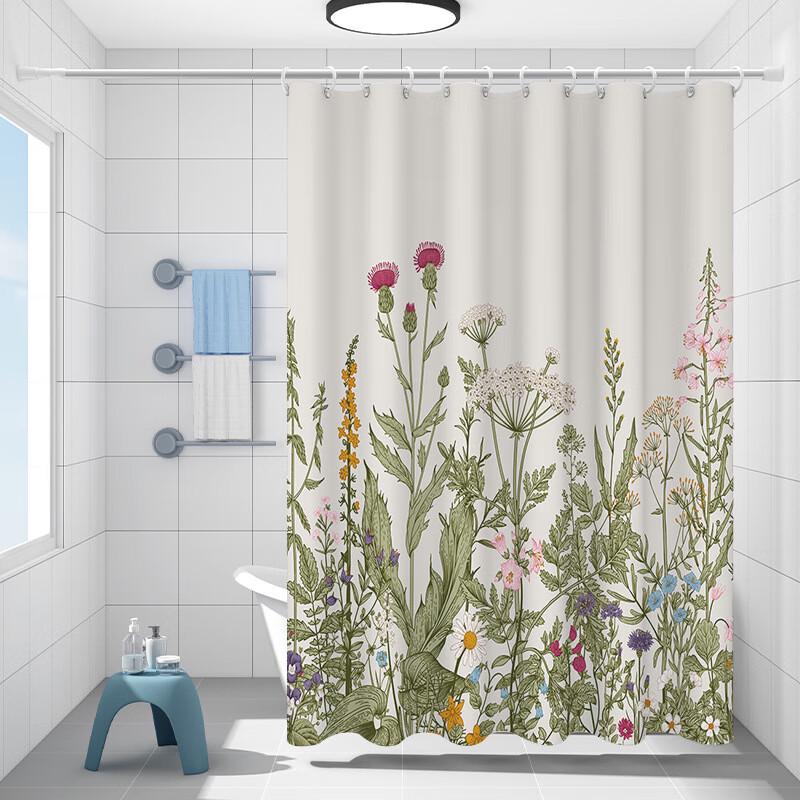 Floral Polyester Shower Curtain Set with Telescopic Rod