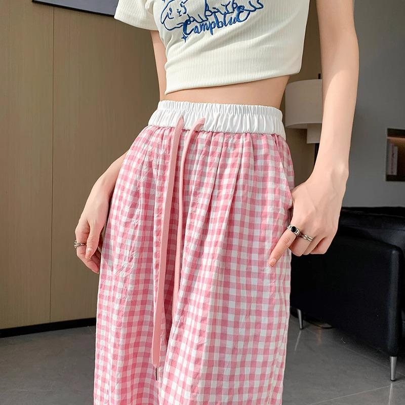 Korean Sweet Pink Check Wide-Leg High-Waist Women's Summer Pants