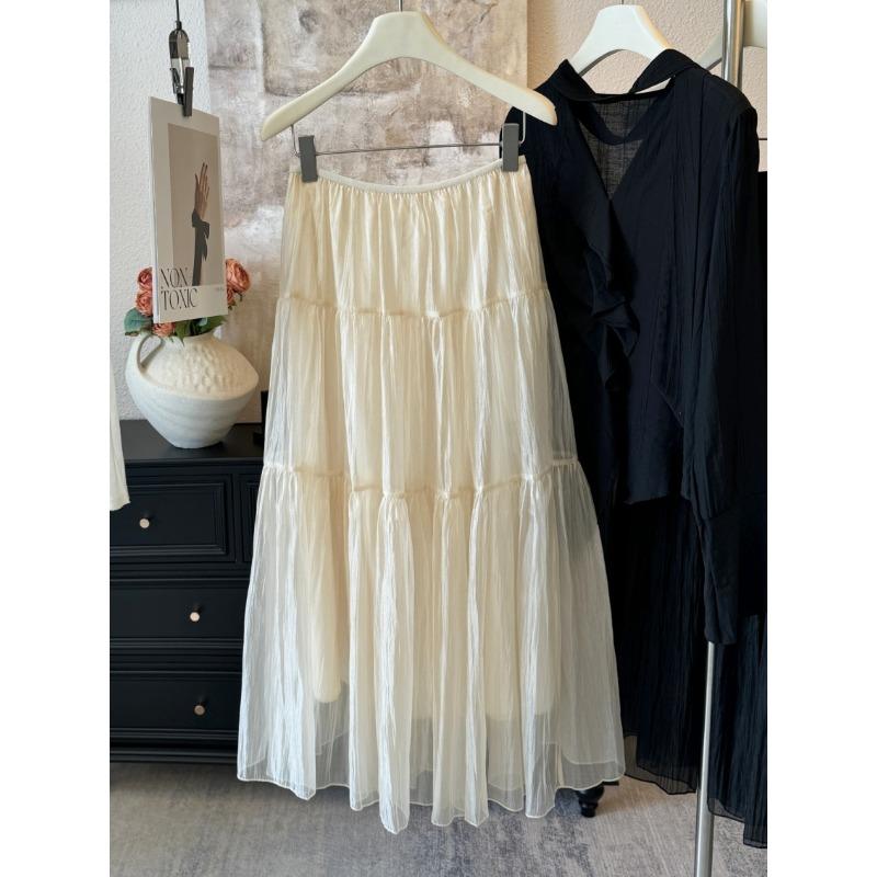 

Pearlescent yarn gauze skirt gentle wind fold texture high waist skirt women s spring and summer new umbrella skirt cake skirt one size абрикосовый
