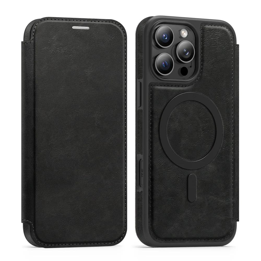For MagSafe Flip Leather Phone Case for IPhone 16E 16 15 Plus 14 13 12 11 Pro Max RFID Blocking Wallet with Card Holder Cover