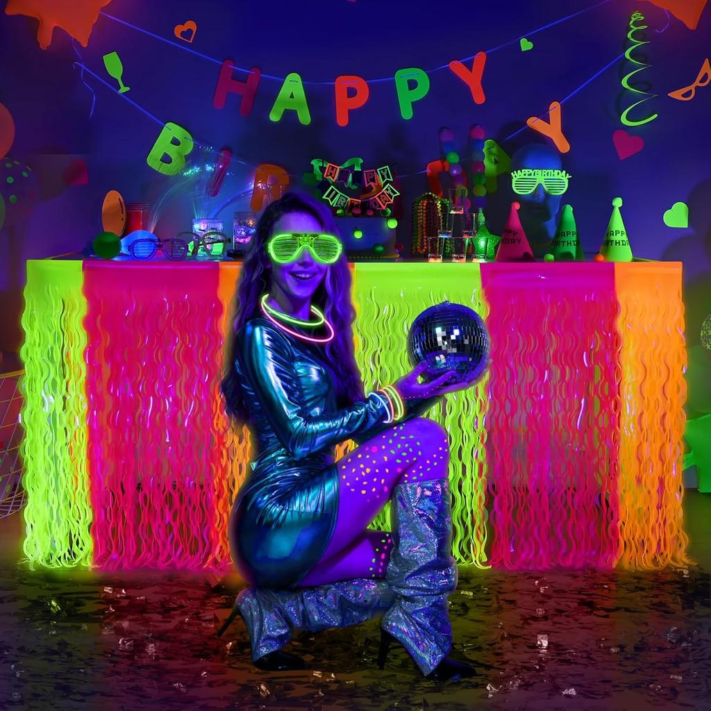 Mega-L Glow in The Dark Party Supplies, 2 Pack Neon Party Decorations Fluorescent Macaron Orange, Yellow and Fuchsia Wavy Metallic Tel Foil Fringe