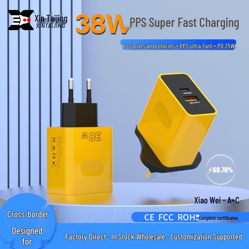 38W Dual-Port USB+PD Fast Charger with EU/US/UK Plug