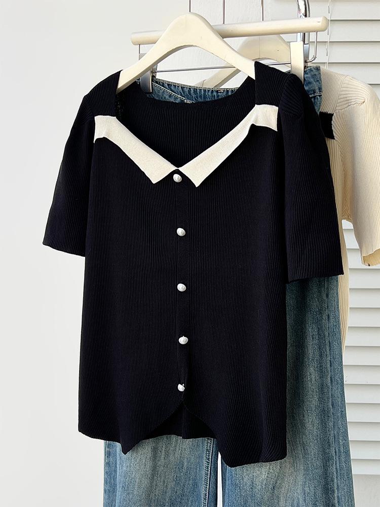 

Plus Size Women s Stylish Square Neck Short Sleeve Knit Top - Summer Slimming T-shirt XL (100-135 jin) чорний