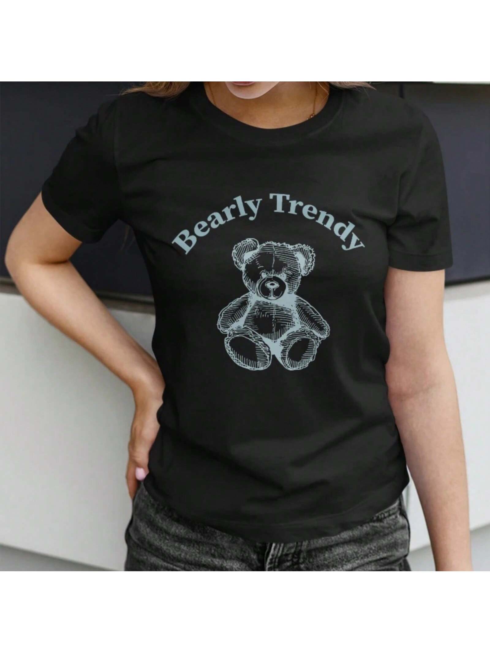s Short Sleeve T-Shirt For Spring Summer Cute Hand Drawn Teddy Bear Print With Bearly  Lettering S разноцветный
