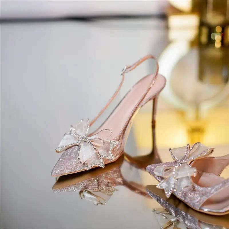 Fashion For Office Work High Heels Ladies Shoes Footwear Sandals Women Summer 2024 Thin Transparent Pointed Toe Open Silver Bow Comfort