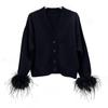 Spring and Autumn New Ostrich Feather Long Sleeve Sweater Fashion Temperament V-Neck Skinny Black Knitted Sweater Cardigan