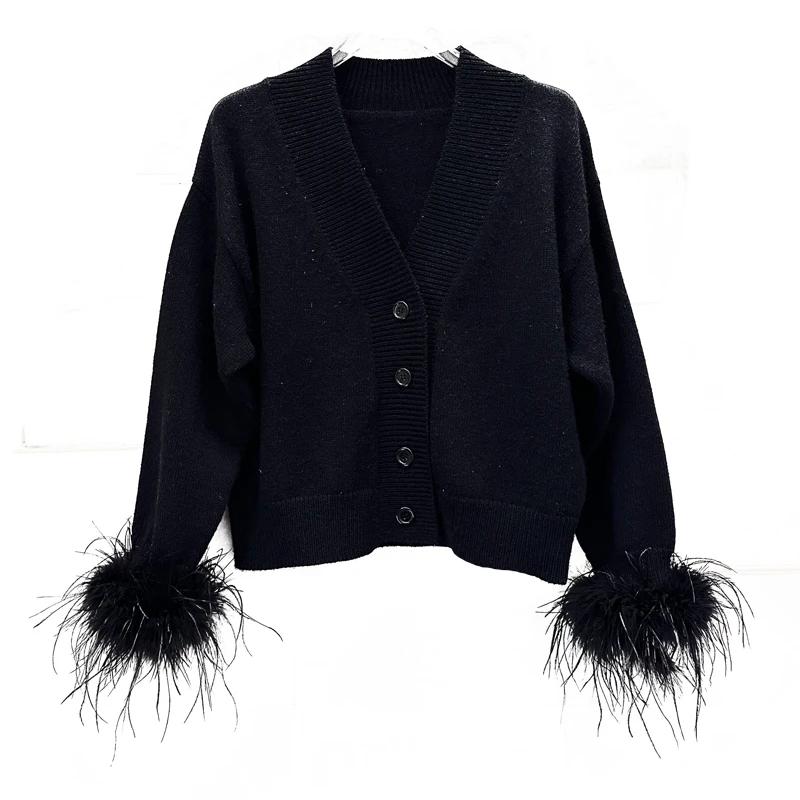 Spring and Autumn New Ostrich Feather Long Sleeve Sweater Fashion Temperament V-Neck Skinny Black Knitted Sweater Cardigan