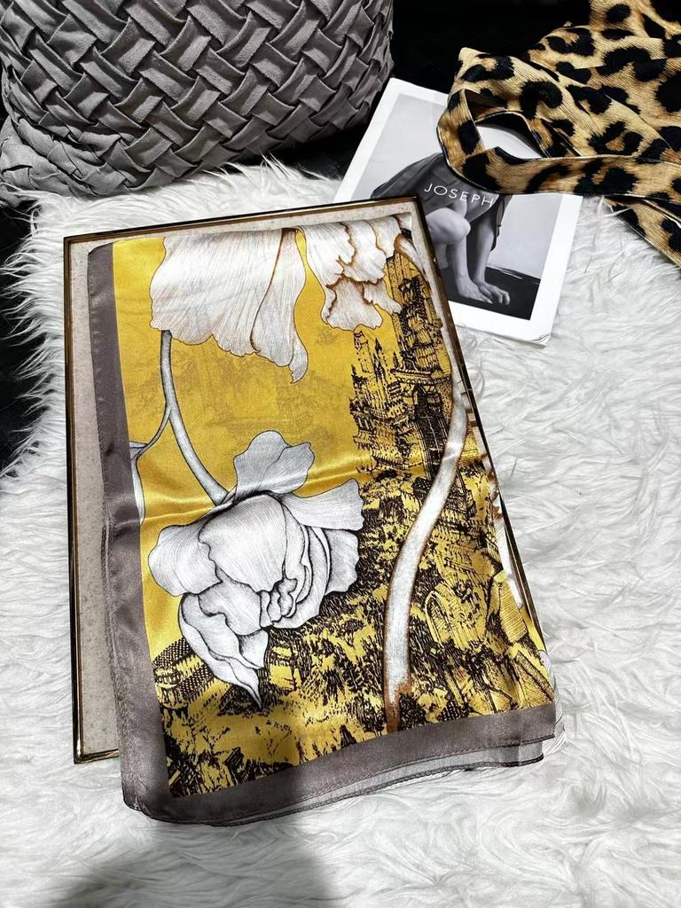 BYSIFA|New Khaki Yellow Silk Scarf Printed Winter Elegant Peony Design Long Scarves Shawls Fashion Brand Head Neck Scarves Capes
