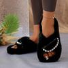Luxury Pearl Chain Decoration Short Plush Slides Women 2025 Autumn Round Toe Low Heel Slippers Warm Faux Fur Outdoor Slippers