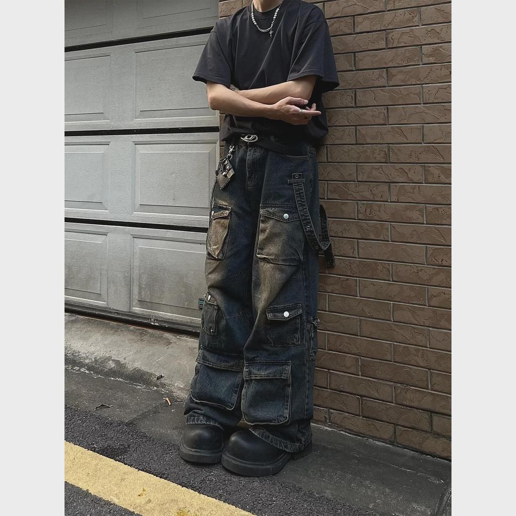 2024 Unisex American Retro Yellow Multi-Pocket Workwear Jeans - Loose Straight Hip-Hop Style