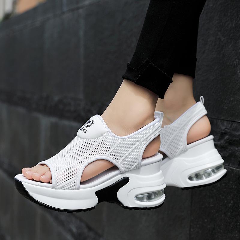 Móda Retro Černá Síťovina Sandály na platformě Korejský Peep Toe Duté klínky Zvýšit boty 8cm Léto Nové Tenisové boty s protiskluzovým vzduchovým polštářem