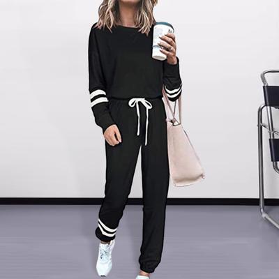 2 Pcs/Set Women Top Pants Suit Round Neck Long Sleeves Striped Solid Color Sweatshirt Drawstring Elastic Waist Trousers Daily Wear Sport Outfit