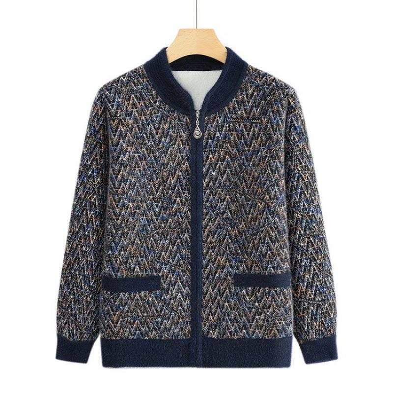 

Women s autumn and winter knitted jacket mink fleece thickened wool zipper cardigan top 5XL [Recommended 150-80 kg] синий