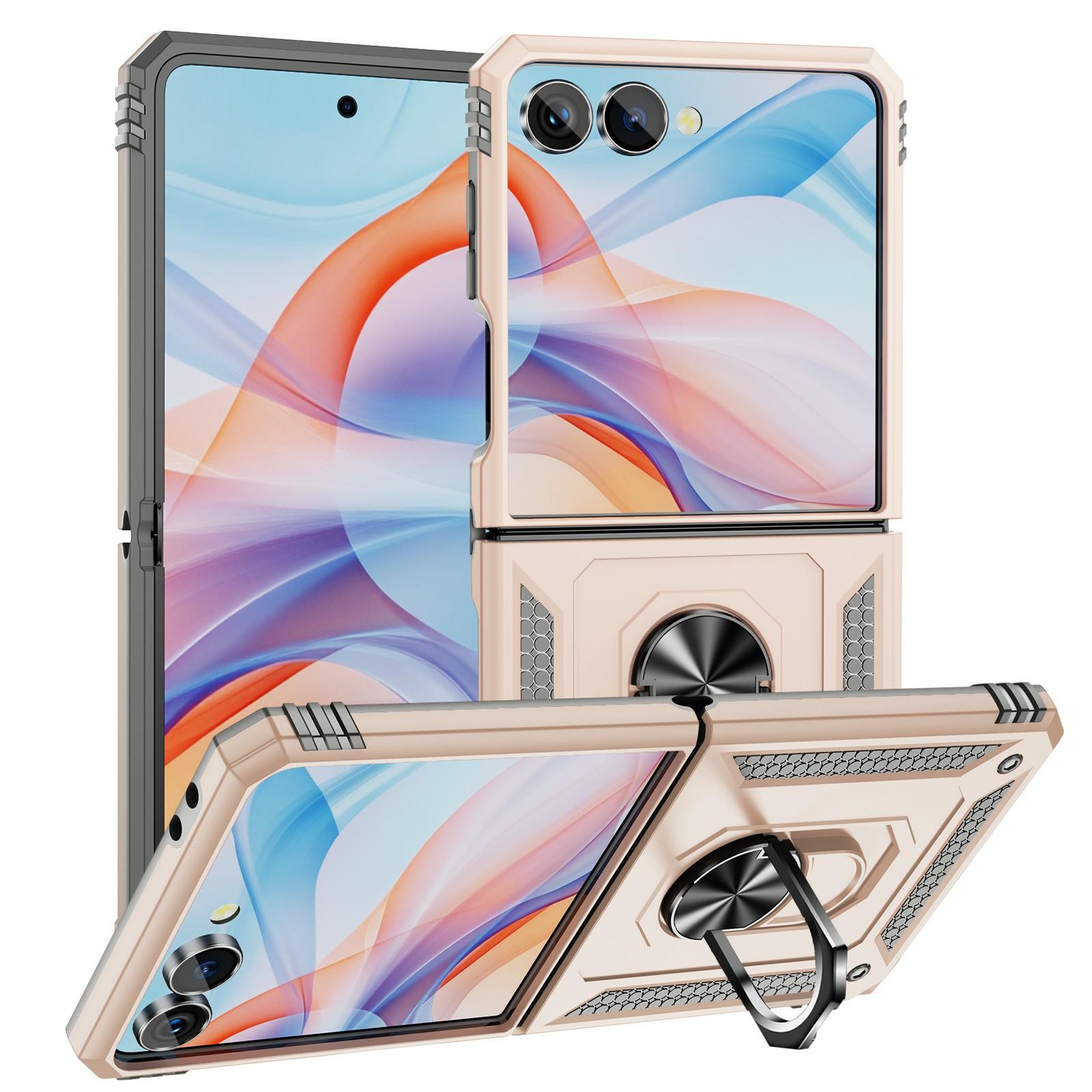 

For Samsung Galaxy Z Flip7 5G Case TPU+PC Phone Cover with Ring Kickstand Drop Protection Apricot