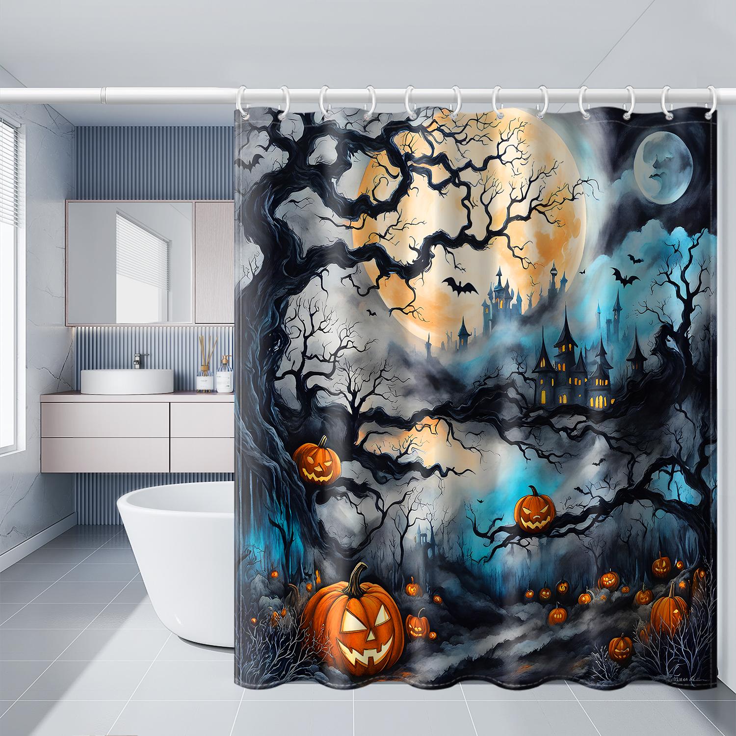 

1 шт. Занавеска для душа Замок Темной Ночи Тыква Летучая Мышь с пластиковым крючком, Хэллоуин Мультяшный Фестивальный Стиль Занавеска для Разделения Ванной Комнаты 180*180cm